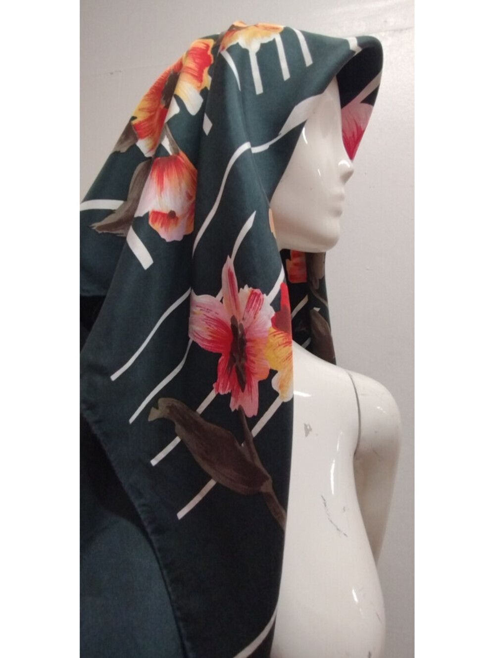 Vintage Forrest Green Silk Scarf Orange Flowers Pink Brown Floral White Stripes
